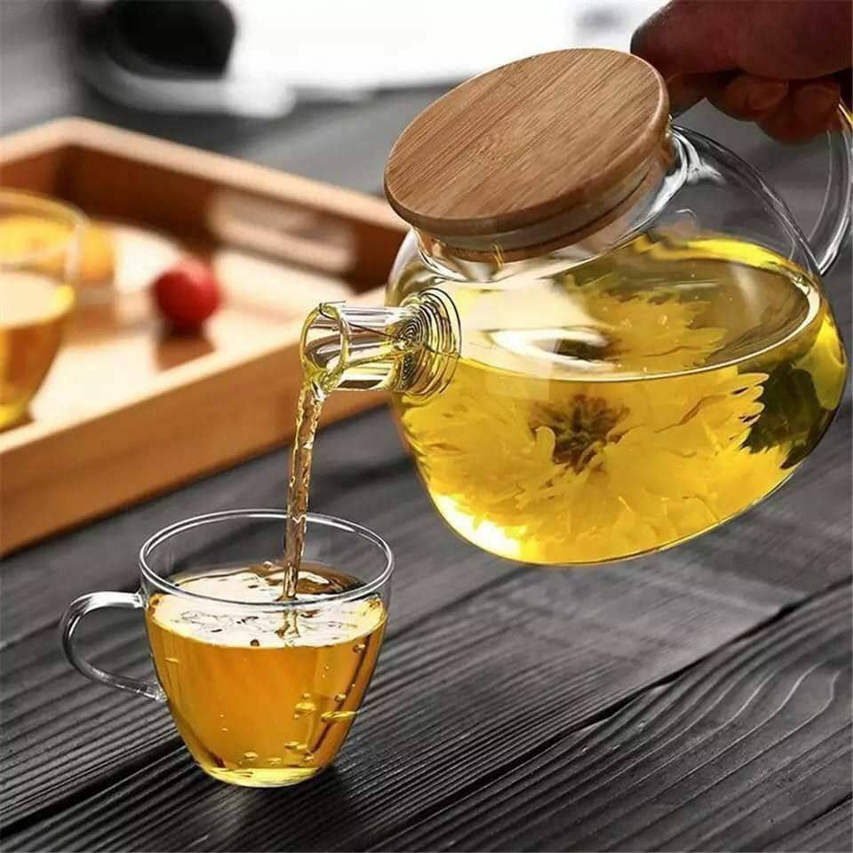 قوری پیرکس درب بامبو ۱ لیترشعله مستقیم - قوری پیرکس درب بامبو ۱  لیتر 